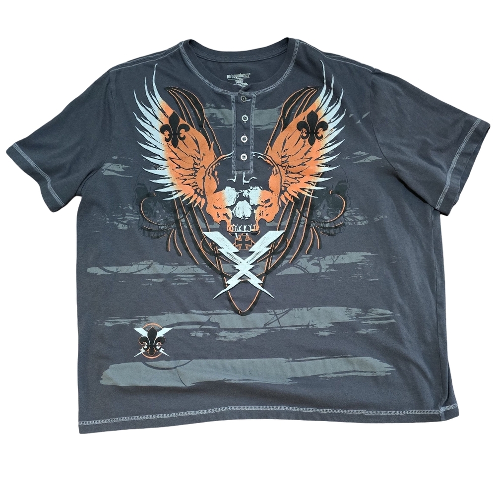Y2k Cyber Goth No Boundaries Emo Graphic Skull Wings Grunge Henley Shirt 2X